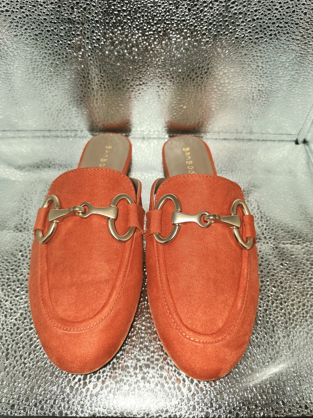 New BAMBOO Orange Suede Horsebit Mule Clogs In Box.